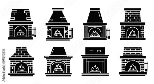Collection of Fireplace Icons: Modern and Classic Designs with Burning Flames