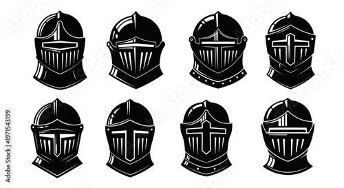 Collection of Medieval Knight Helmets, Black Silhouettes on White Background