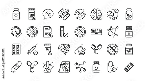 Set of 30 outline icons related to pills, medications. Linear icon collection. Editable stroke. Vector illustration
