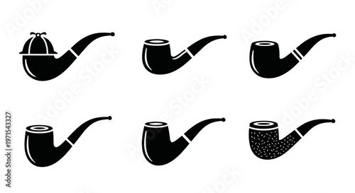 Collection of Smoking Pipe Icons: Detective Hat, Classic, and Textured Styles