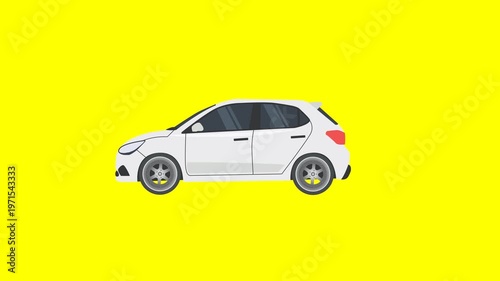 2D animated classic white car cartoon driving on yellow screen background in 4K resolution.