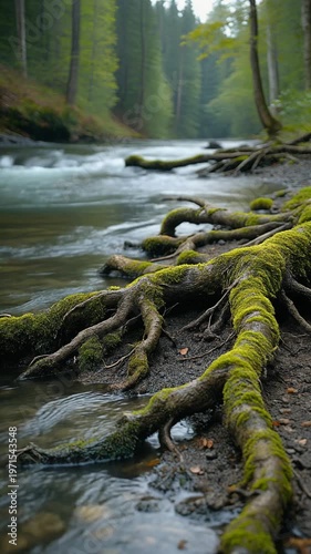 Tree roots on riverbank in forest