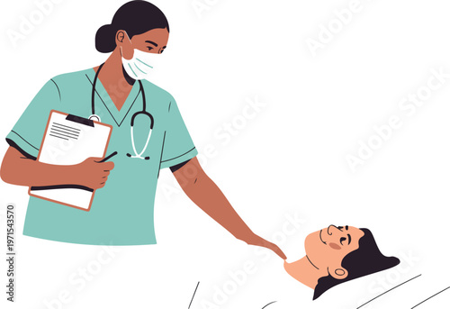 Nurse comforting patient in hospital bed with clipboard and stethoscope wearing mask gentle touch healthcare support caring moment medical examination caretaking.