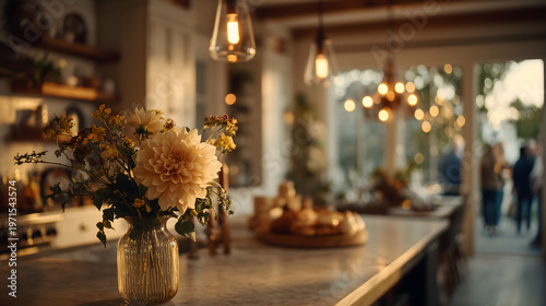 Warm café or restaurant counter with dried flowers and soft bokeh lights, creating a cozy hospitality scene with elegant interior styling and inviting atmosphere.