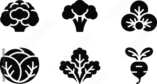 Organic leafy green vegetables set with broccoli cabbage radish and kale icons for healthy food grocery and farm branding.