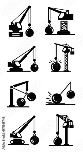 Demolition Crane Icons: Wrecking Ball Icon Set