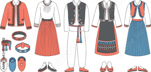 Traditional cultural costume collection featuring folk dresses vests and footwear with intricate embroidery.