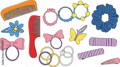 Vector Illustration of Colorful Hair Accessories Including Combs, Hair Ties, Clips, and Scrunchies on White Background