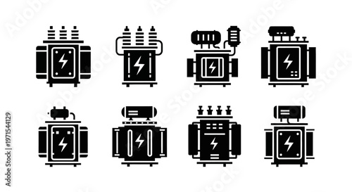 Electrical Transformer Icons Set - Power Energy Supply and Distribution Symbols