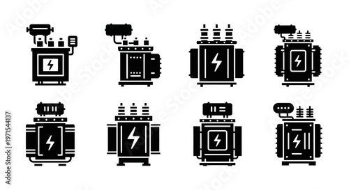 Electric Transformer Icons Set, Power Supply Equipment Vector Illustrations