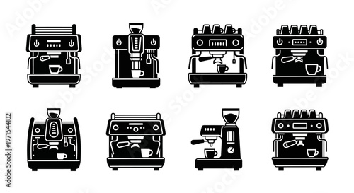 Espresso Machine Icons Set - Coffee Maker Vector Graphics
