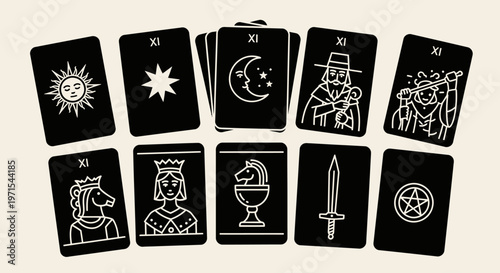 Esoteric Tarot Cards Spread with Sun, Moon, Knight, King, Pentacle