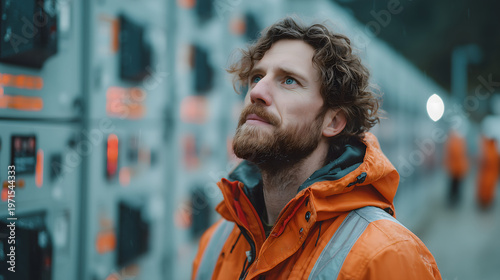 Male engineer in an orange safety jacket standing in an industrial environment, creating a focused professional portrait with a strong technical and operational atmosphere.