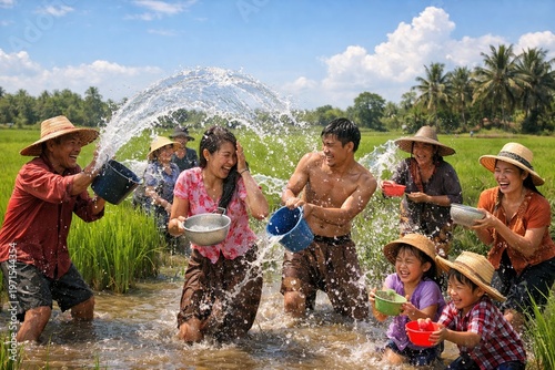 Villagers playing water in rice fields during Songkran festival in rural Thailand