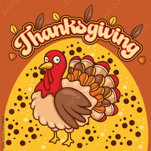 A festive cartoon turkey stands cheerfully on a textured yellow and brown background, with the bold word 'Thanksgiving' written above it in a decorative font.