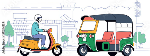 Asian cityscape illustration with scooter and tuk tuk, urban street scene, editable vector background.
