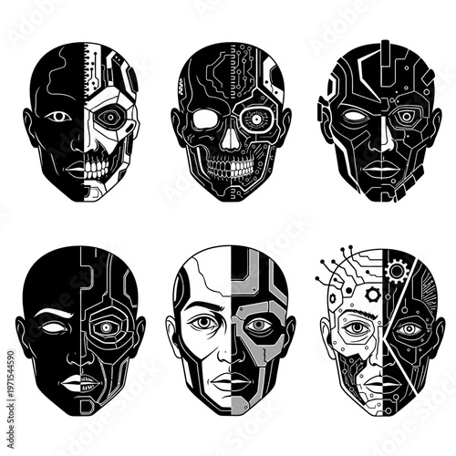 Futuristic Cyborg Heads Collage: Human and Robot Fusion, Technology Concept