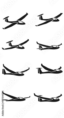 Glider Aircraft Silhouette Set: Various Flight Positions and Angles