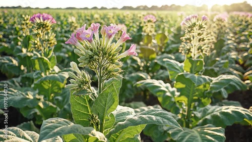 Tobacco Field Blooming Under Golden Sunlight Agriculture Plant Growth.