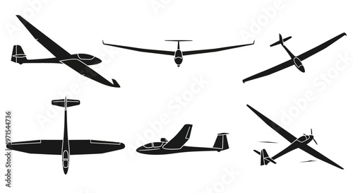 Glider Aircraft Silhouettes: Multiple Views of Sailplane Aviation