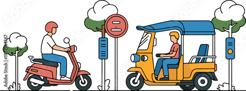Asian transportation vector illustration set, scooter and tuk tuk, urban cityscape background.