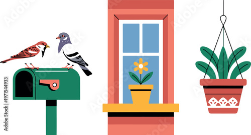 Birds perched on mailbox, with window and potted plant, flat design vector set against transparent background.