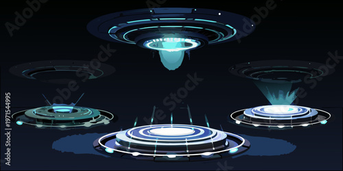 Futuristic ufos hover over a dark reflective surface with glowing energy beams