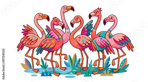 Group of colorful flamingos standing together.