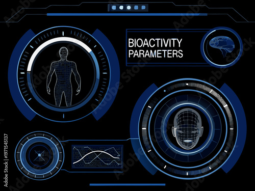 Futuristic bioactivity parameters display with human body and brain visualizations