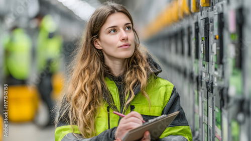 Young female engineer in a safety jacket holding a tablet in an industrial facility, creating a modern professional portrait focused on inspection, operations, and technical work.
