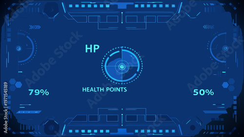 Futuristic user interface displaying health points and targeting reticle