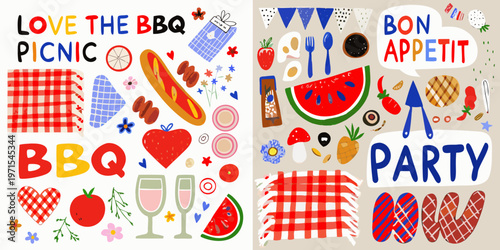Colorful illustration of a summer barbecue and picnic with various food items