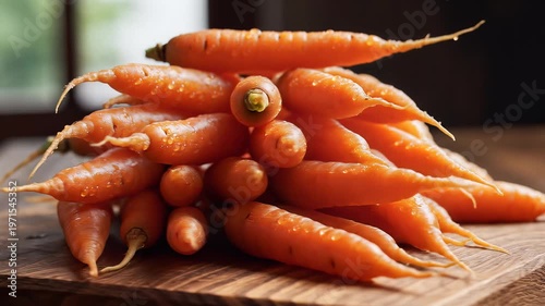 Fresh Organic Carrots Pile on Wooden Board Healthy Food Concept.