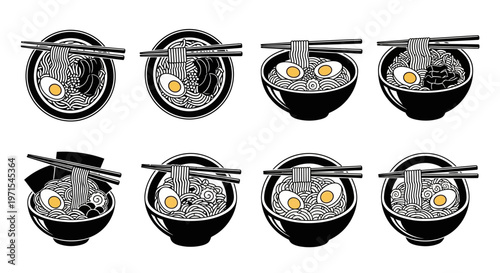 Japanese Ramen Noodle Soup Bowls with Chopsticks - Set of 8 Illustrations