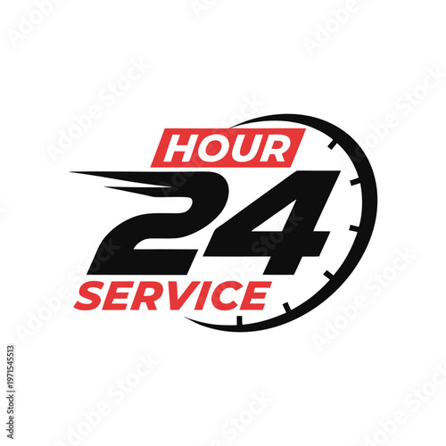 Black 24 hour service clock with red hour hand and text twenty-four