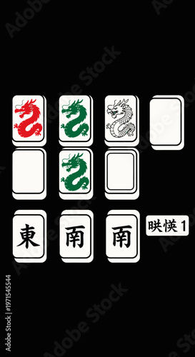 Mahjong tiles with dragons and characters on black background