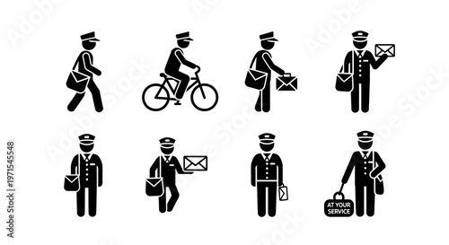 Mail Carrier Icons: Walking, Biking, Delivering Letters and Packages