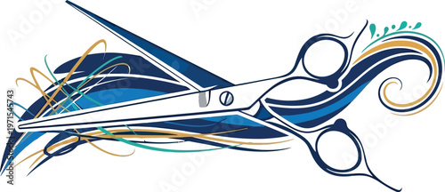 Stylized professional barber scissors featuring dynamic blue and gold abstract wave graphic elements representing hair styling expertise