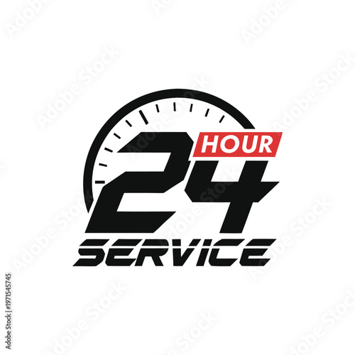 Black and white round clock with 24 hour service text circle time