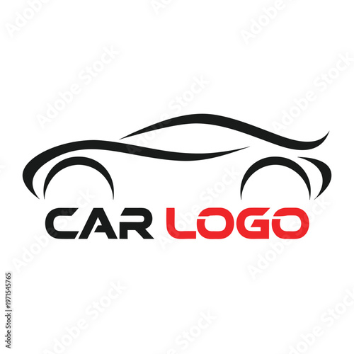 Black car with abstract swoosh and text emblem