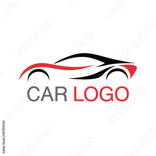 Red and black car emblem with abstract swoosh and text automotive