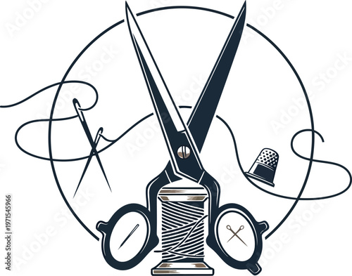 Vintage style emblem design featuring crossed tailor scissors, a spool of thread, needle, and thimble symbolizing sewing crafts and tailoring