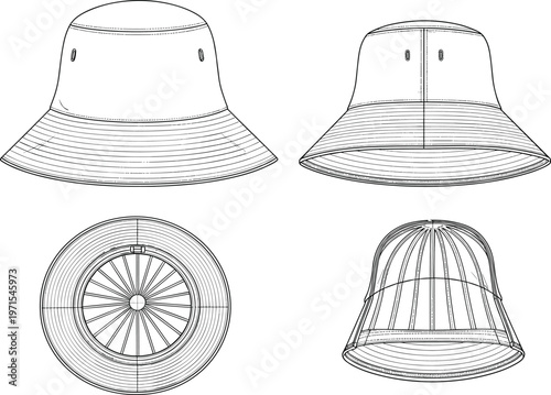 Bucket hat vector template, front back top views, reversible sun hat design, fashion accessory mockup, detailed stitching technical drawing illustration