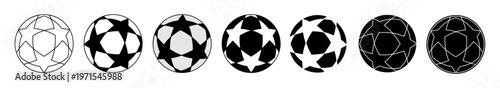 Comprehensive collection of star pattern soccer ball vector icons in diverse graphic styles, including outline, solid, and inverted designs for premium championship sports projects