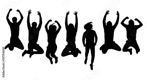 Group of people joyfully jumping in unison to celebrate a moment together