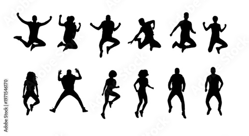 Diverse silhouettes of people performing dynamic dance movements in mid-air