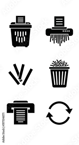 Paper Shredder Icons: Destruction, Recycling, Office Equipment