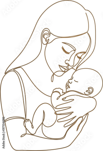 Elegant continuous line art drawing of a loving mother gently cradling her newborn baby, symbolizing maternal bond, tenderness, and the beauty of family connection.