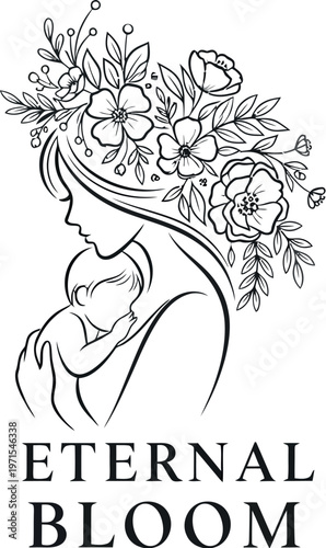 Elegant line art illustration of a loving mother gently embracing her newborn baby, her hair adorned with beautiful blooming flowers, representing maternal care, family bond, and everlasting life.