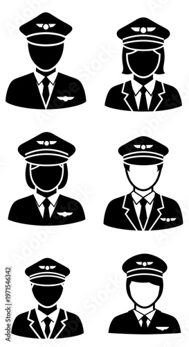 Pilot Icons Set: Male and Female Avatars in Uniform
